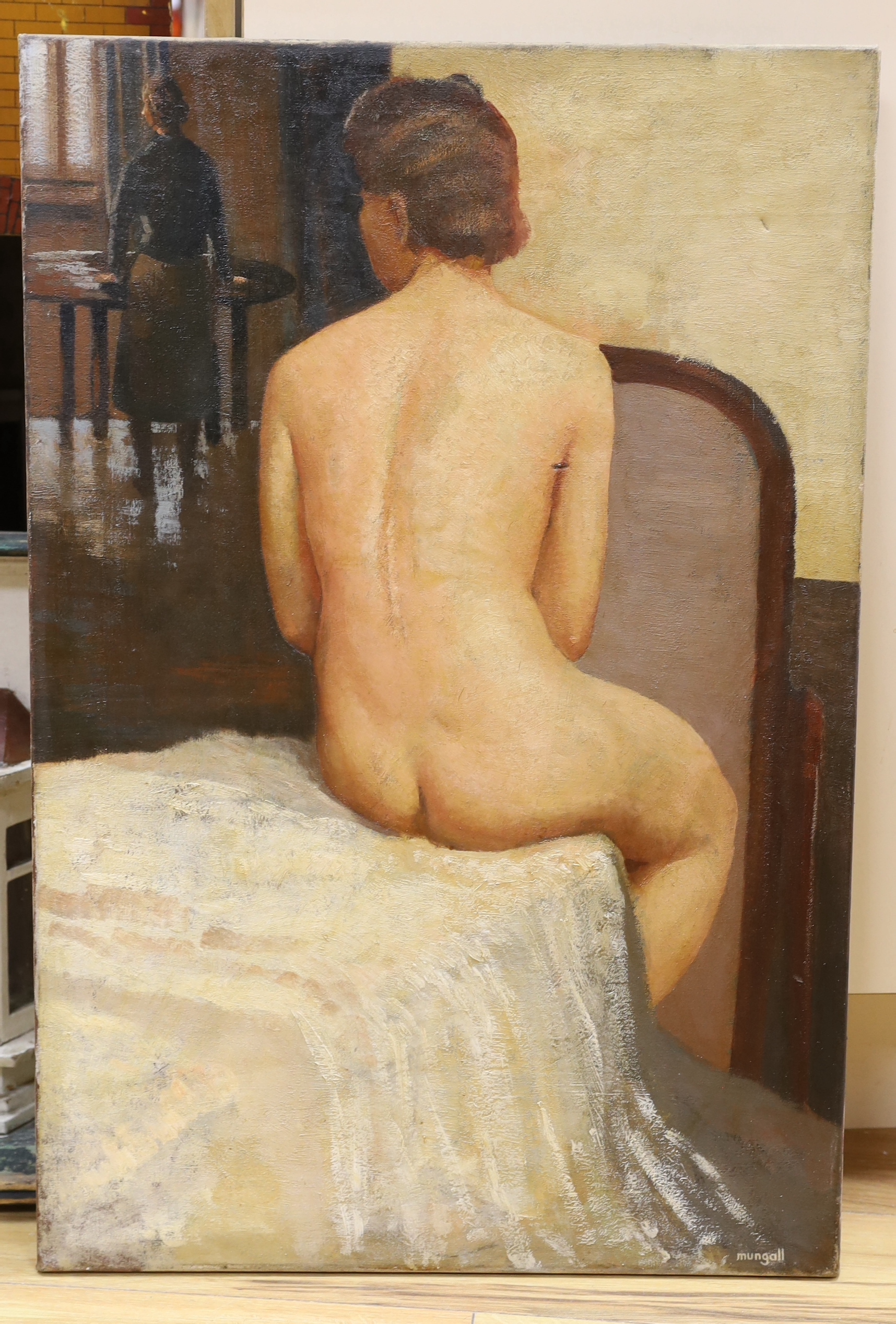 John Bryce Mungall, oil on canvas, Interior with seated nude, signed, 76 x 51cm, unframed